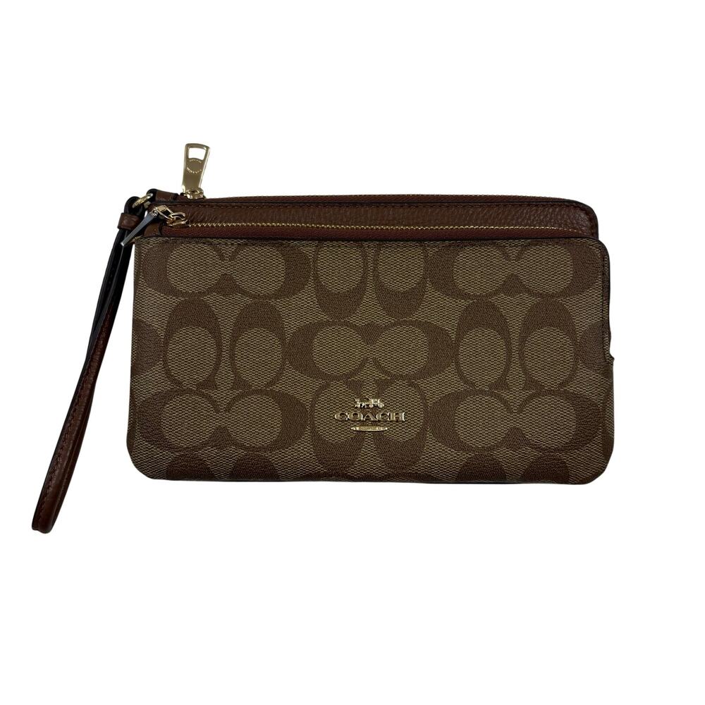 Coach Double Zip Signature Monogram Wallet Wristlet Coated Canvas Leather
